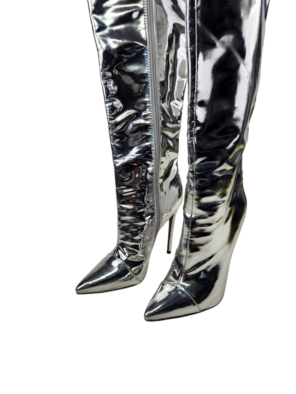 Silver Metallic Knee-High Stiletto Boots Size 38 Pointed Toe Futuristic Space 8 - Picture 3 of 16